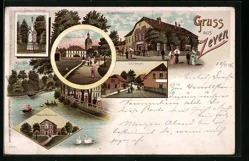 Lithographie Zeven, Weidenhöfers Gasthof, Schulstrasse, Amtshaus und Kirche