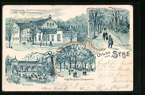 Lithographie Syke, Hotel zum Schützenhause, Veranda