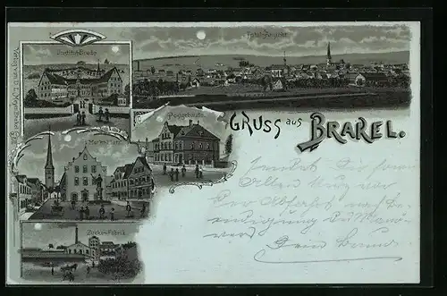 Mondschein-Lithographie Brakel, Zuckerfabrik, Institut Brede, Post