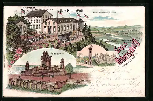 Lithographie Hohensyburg, Hotel Rich. Wulf, Kaiser-Wilhelm-Denkmal
