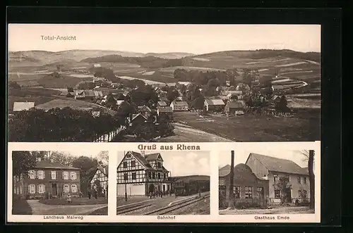 AK Rhena, Gasthaus Emde, Landhaus Malweg, Bahnhof