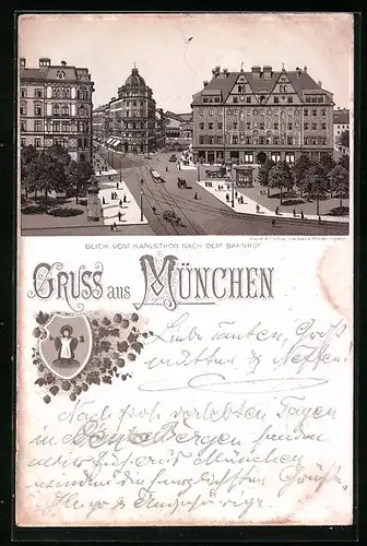 Vorläufer-Lithographie München, 1895, Blick vom Karlsthor nach dem Bahnhof