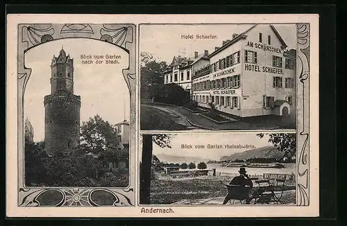 AK Andernach, Hotel Schaefer, Blick vom Garten rheinabwärts und nach der Stadt