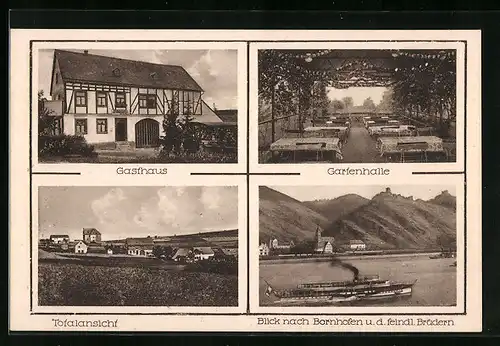 AK Bornhofen, Gasthaus zur schönen Aussicht Fleckertshöhe, Gartenhalle, Blick nach dem Ort u. d. feindlichen Brüdern