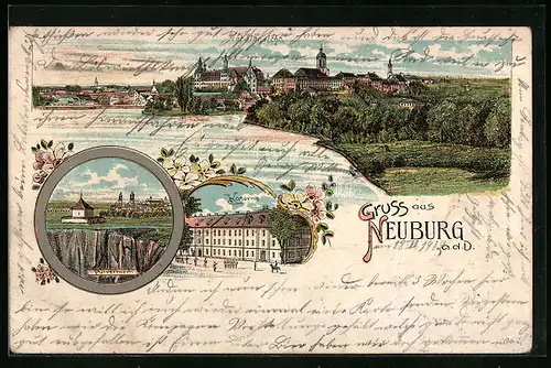 Lithographie Neuburg a. d. D., Totalansicht, Kaserne, Pulverturm