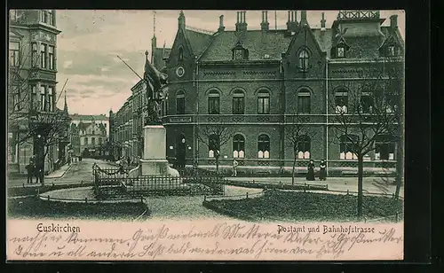 AK Euskirchen, Postamt und Bahnhofstrasse mit Denkmal