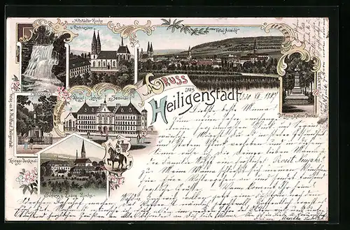 Lithographie Heiligenstadt, Altstädter Kirche und Gymnasium, Wasserfall, Kriegerdenkmal