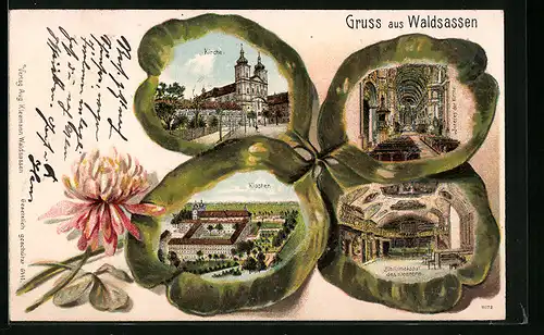 Passepartout-Lithographie Waldsassen, Kirche, Innenansicht und Kloster im Kleeblatt