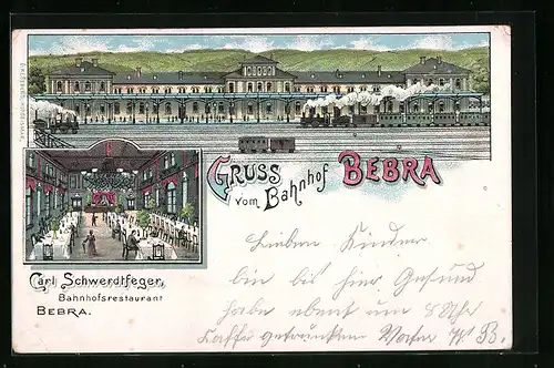 Lithographie Bebra, Bahnhofsrestaurant von Carl Schwerdtfeger, Bahnhof