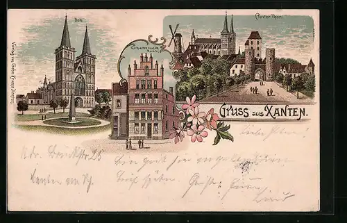 Lithographie Xanten, Gothisches Haus am Markte, Klever Tor, Dom