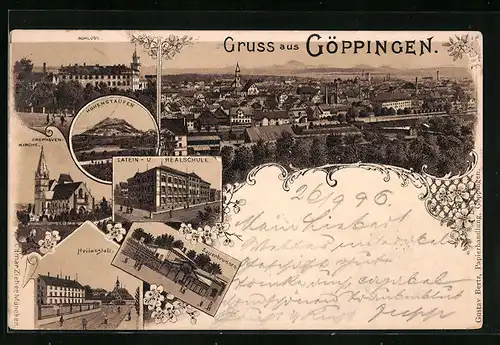 Lithographie Göppingen, Schloss, Latein- u. Realschule, Heilanstalt