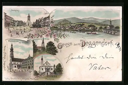 Lithographie Deggendorf, Stadtplatz, Gnadenkirche mit Kloster, Geyersberg Kirche und Dampfer