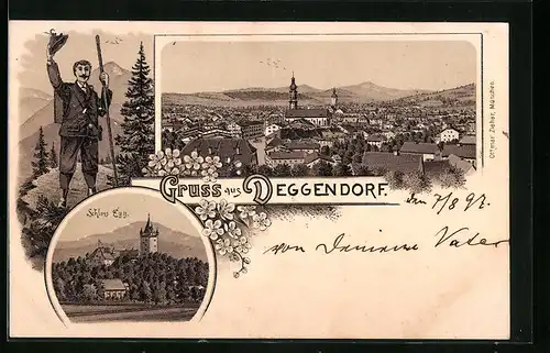 Lithographie Deggendorf, Schloss Egg, Wanderer mit Totalansicht