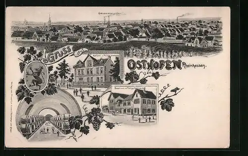 Lithographie Osthofen /Rheinhessen, Gesamtansicht, Gasthaus und Kellerei von Philipp Gebhardt