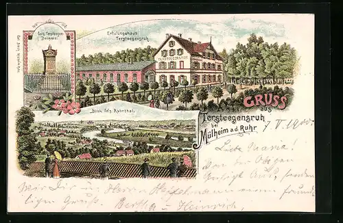 Lithographie Mülheim a. d. Ruhr, Erholungshaus Tersteegensruh mit Denkmal, Panorama vom Ruhrtal