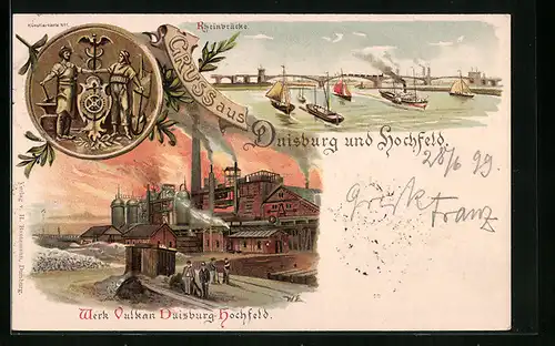 Lithographie Duisburg-Hochfeld, Werk Vulkan, Rheinbrücke mit Dampfer