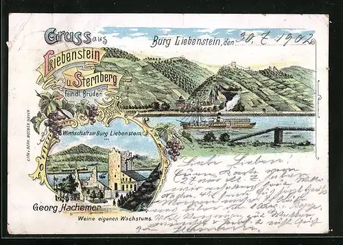Lithographie Kamp-Bornhofen, Burgen Liebenstein und Sternberg, Gasthaus zur Burg Liebenstein