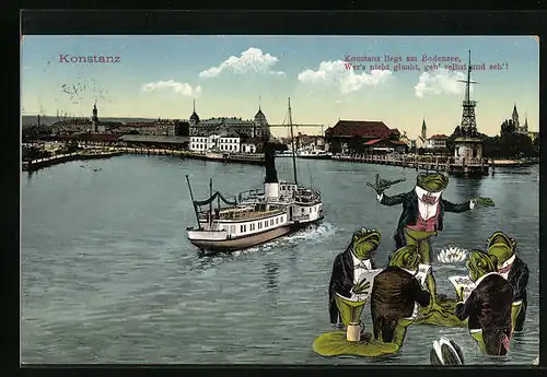 AK Konstanz, Blick auf das Ufer vom Wasser aus, Spruch, Frösche