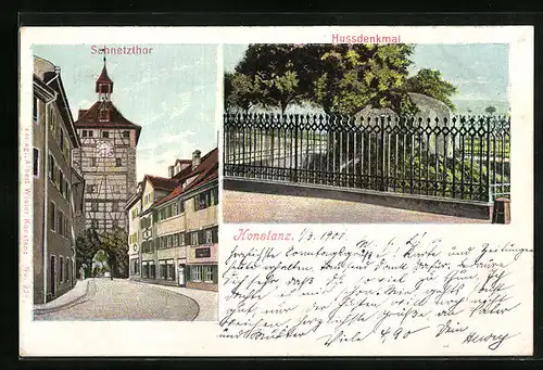 AK Konstanz, Strassenpartie mit dem Schnetzthor, Partie am Hussdenkmal