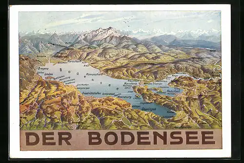 Künstler-AK Konstanz /Bodensee, Bodensee und Umgebung mit Rorschach, Meersburg, Radolfzell