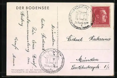 Künstler-AK Konstanz /Bodensee, Bodensee und Umgebung mit Rorschach, Meersburg, Radolfzell