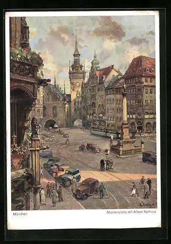 Künstler-AK München, Partie am Marienplatz und Altem Rathaus, Strassenbahn