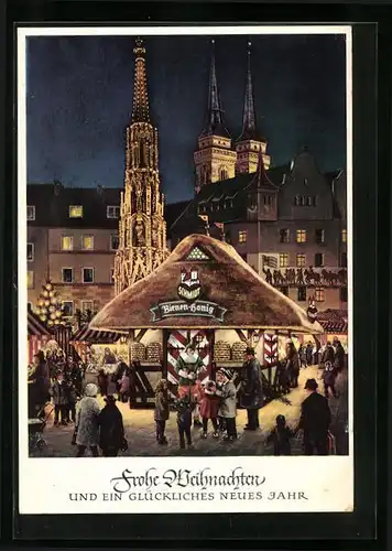 AK Nürnberg, Blick zum beleuchteten Christkindles-Markt, Doppelturmkirche