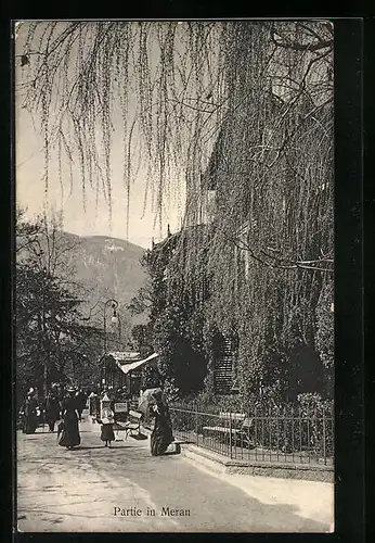 AK Meran, Strassenpartie mit Ausflüglern