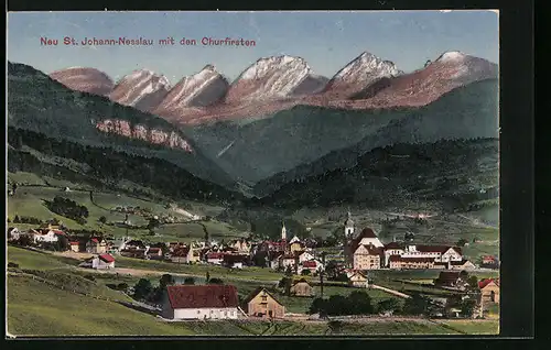 AK Neu St. Johann-Nesslau, Ortsansicht mit den Churfirsten