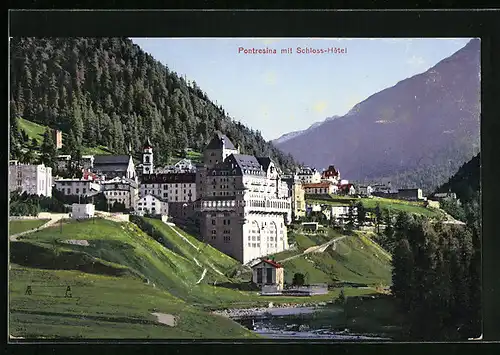 AK Pontresina, Ortsansicht mit Schloss-Hotel