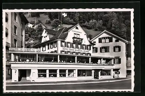 AK Flüelen, Hotel Weisses Kreuz & Schweizerhof