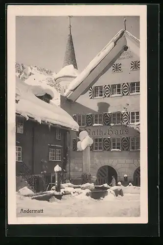 AK Andermatt, Ortsansicht mit Rathaus im Schnee