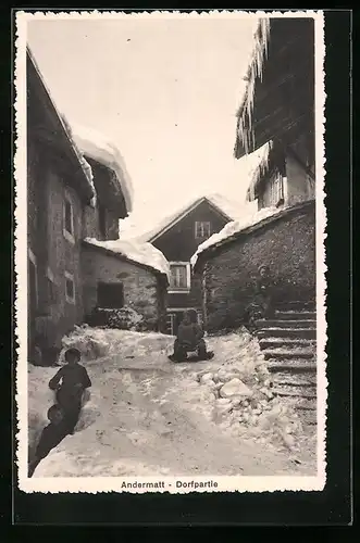 AK Andermatt, Dorfpartie mit Kindern im Schnee