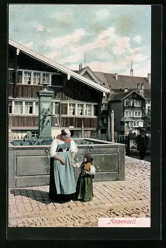 AK Appenzell, Appenzellerin in Tracht mit Enkelkind am Brunnen