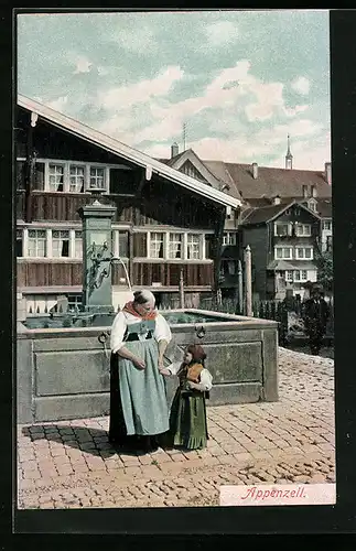 AK Appenzell, Ortsansicht mit Appenzellerin in Tracht am Brunnen