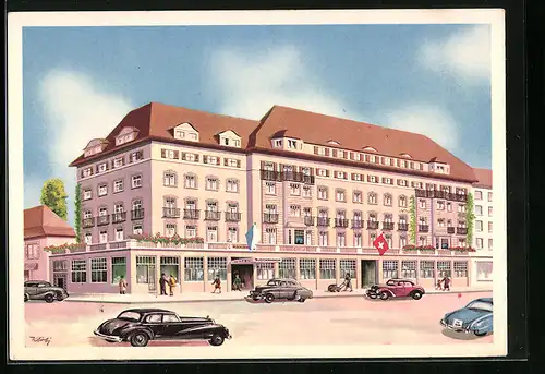 Künstler-AK Zürich, Hotel Glockenhof mit Autos
