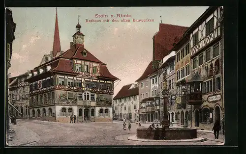 AK Stein a. Rhein, Blick zum Rathaus mit den alten Bauwerken, Brunnen