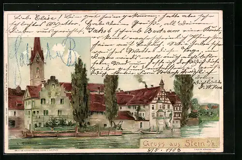 Lithographie Stein a. R., Uferpartie mit Kirchturm vom Wasser aus