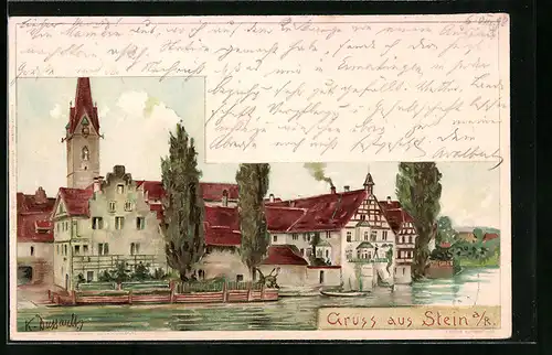Lithographie Stein a. R., Uferpartie mit Fachwerkhäusern