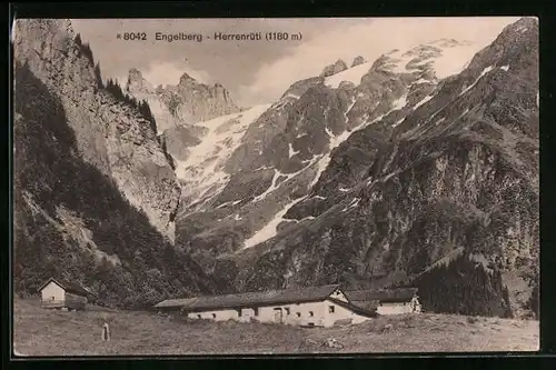 AK Engelberg-Herrenrüti, Blick auf eine Wirtschaft vor den Bergen