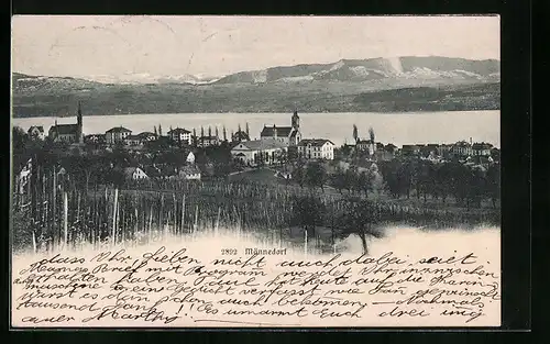 AK Männedorf, Ortsansicht mit See vor Bergpanorama