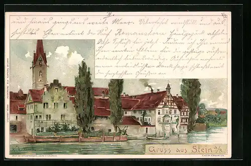 Lithographie Stein a. R., Partie an der Kirche