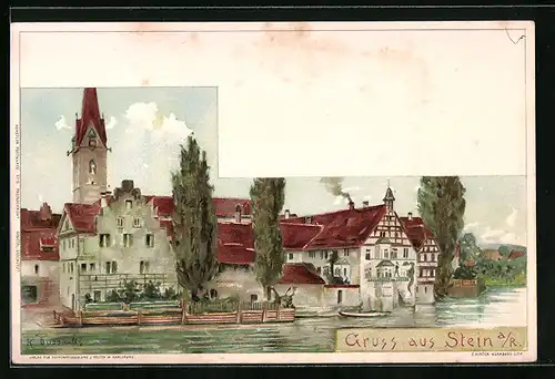 Lithographie Stein a. R., Partie an der Kirche, Fachwerk