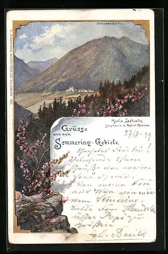 Künstler-AK Maria Schutz /Semmering, Ortsansicht gegen Sonnwendstein