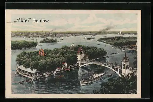 AK Berlin-Treptow, Gasthaus Abtei aus der Vogelschau