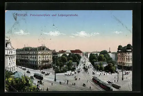 AK Berlin, Potsdamerplatz und Leipzigerstrasse mit Strassenbahnen