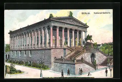 Lithographie Berlin, National-Gallerie mit Passanten