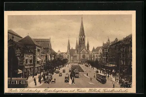 AK Berlin-Charlottenburg, Hardenbergstrasse mit Kaiser Wilhelm Gedächtniskirche und Strassenbahnen