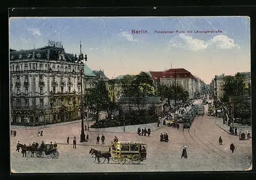AK Berlin, Partie am Potsdamer Platz mit der Leipzigerstrasse, Strassenbahn