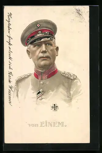 Künstler-AK Heerführer von Einem in Uniform mit Schirmmütze und Eisernem Kreuz